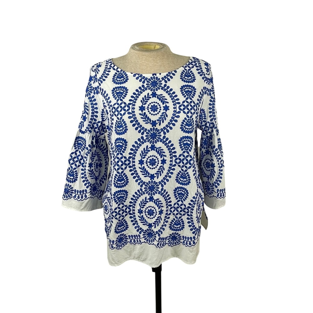 Karen Kane Womens Blue White‎ Embroidered Medallion Bell Sleeve Tunic Top Size M